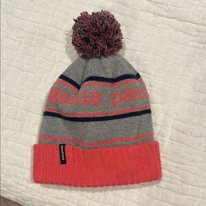 Patagonia Gray and Pink Knit Hat with Pom-Pom